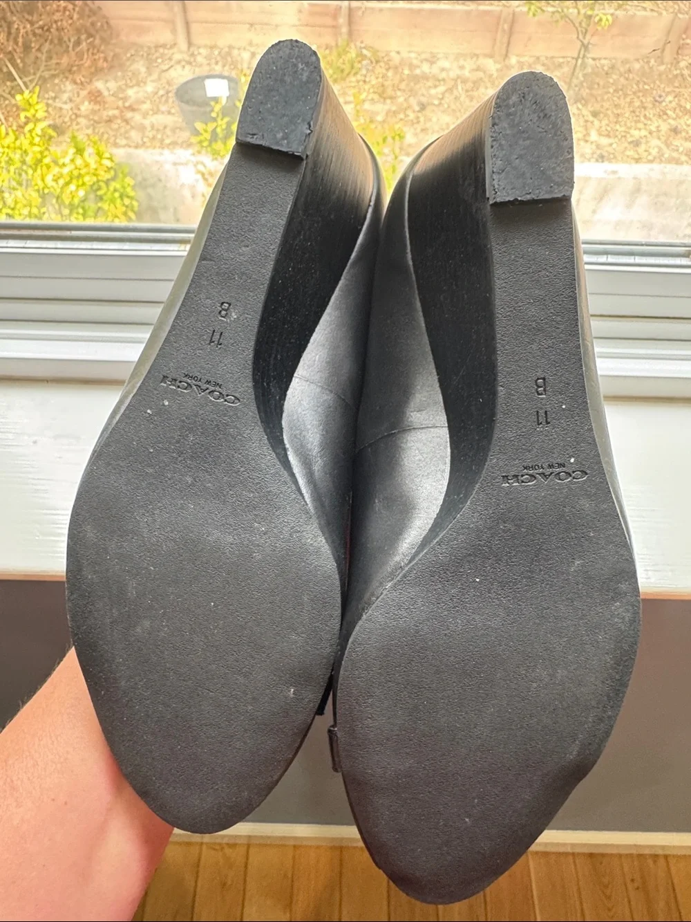 Coach Black Leather Peep-Toe Heels with Signature Buckle